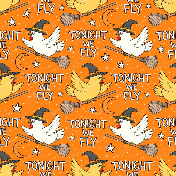Tonight We Fly Funny Halloween Witch Chicken  on Orange