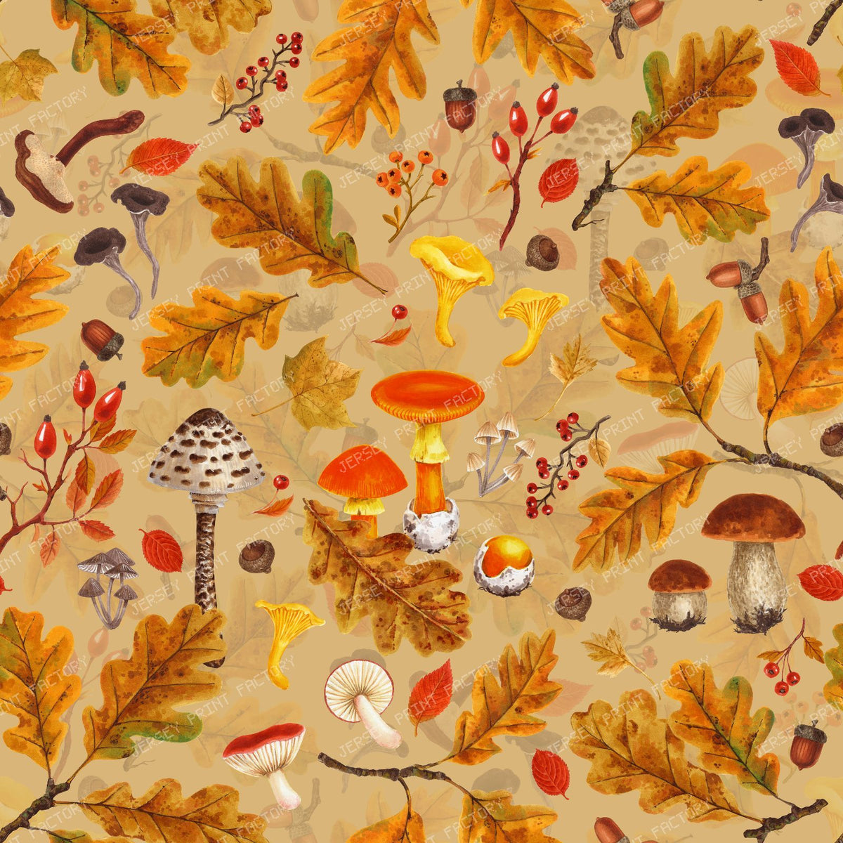 Forest mushrooms and autumn flora on brown — on ochre