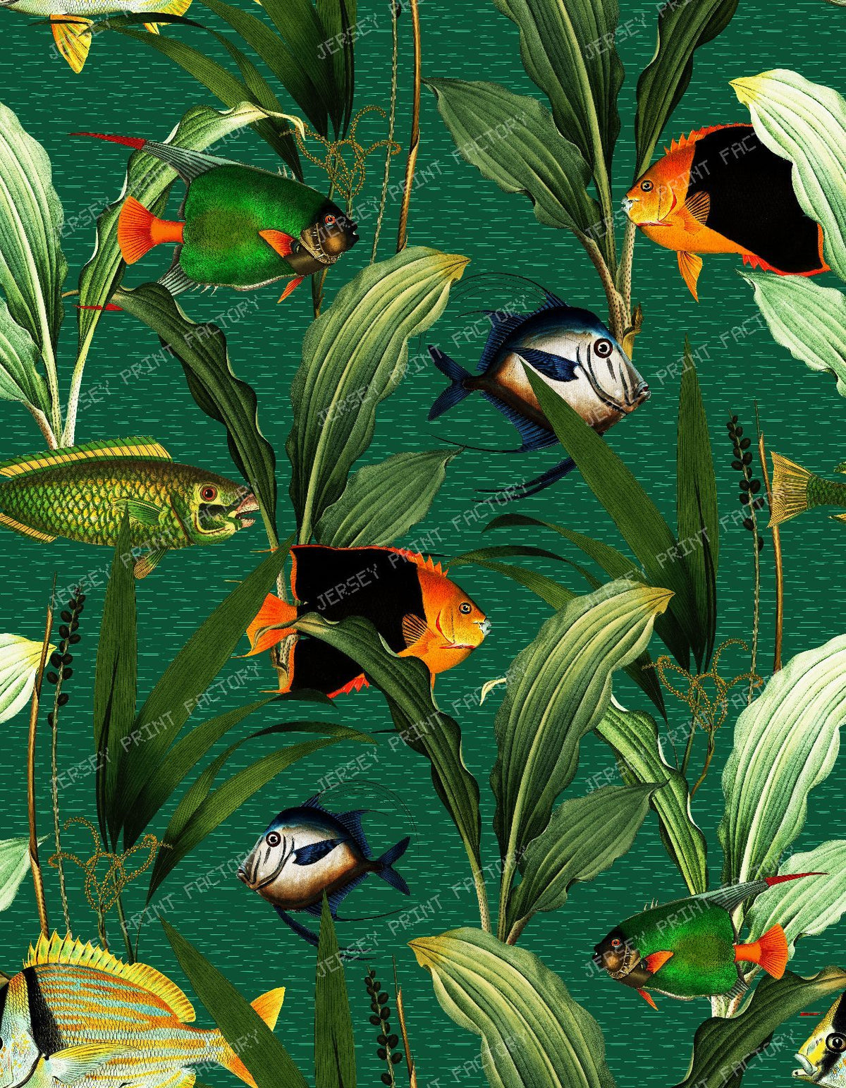 Vintage Tropical Fish Swimming Through Lush Aquatic Plants and Seaweed - Light Turquoise — Green