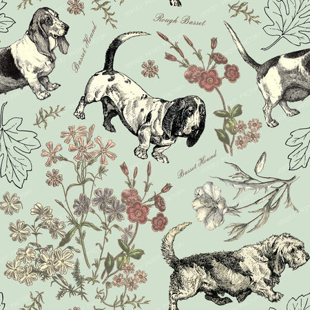 Basset Hound Dogs and Wildflowers Vintage-Chic Cottagecore Pattern on Pink — Mint Green