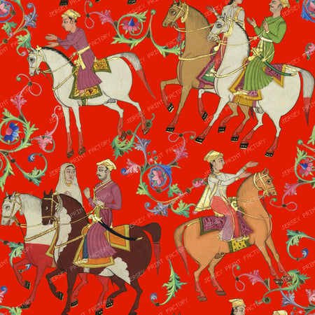 Horseback Riding and Colorful Ornaments, Medieval Persian Motif with Wedding Scenes on Red Background