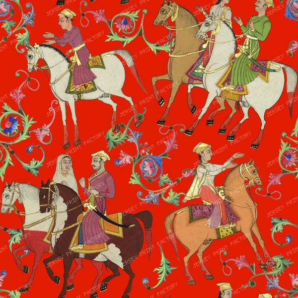 Horseback Riding and Colorful Ornaments, Medieval Persian Motif with Wedding Scenes on Red Background