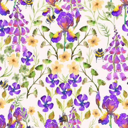 Kitty Bee Iris and Foxglove Meadow Watercolor Floral