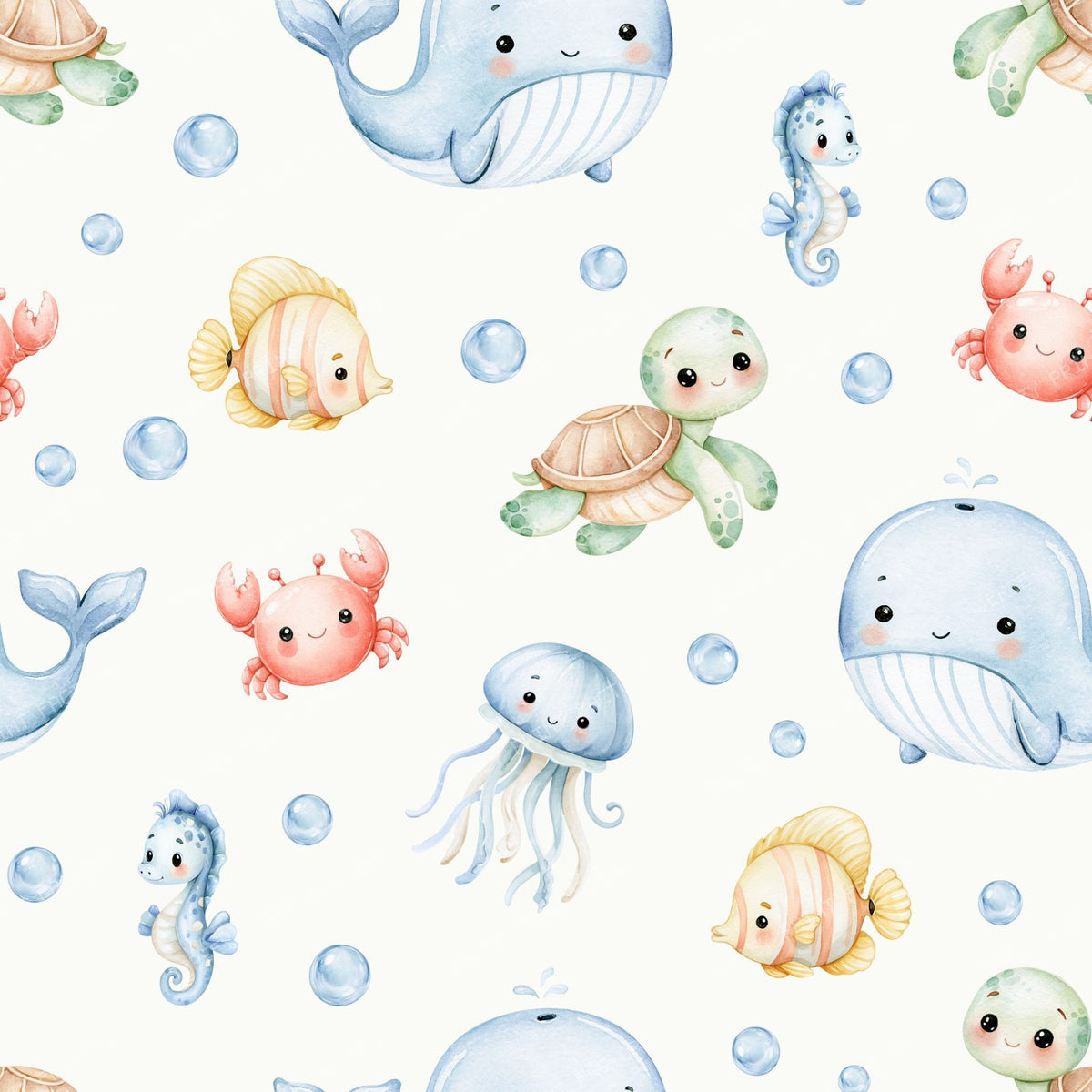 Sea Animals, Turtle, Fish, Crab, Jellyfish, Whale, Seahorse, Bubbles