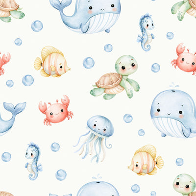Sea Animals, Turtle, Fish, Crab, Jellyfish, Whale, Seahorse, Bubbles