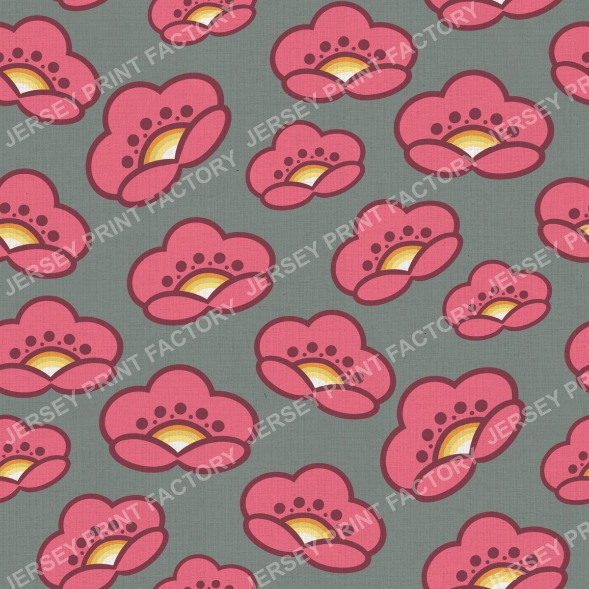 1970s Pink Mod Flowers -  Retro Floral On Cool Gray