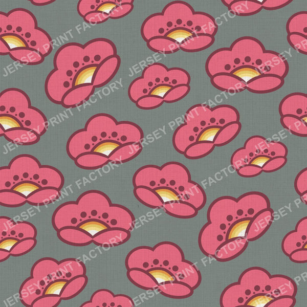 1970s Pink Mod Flowers -  Retro Floral On Cool Gray