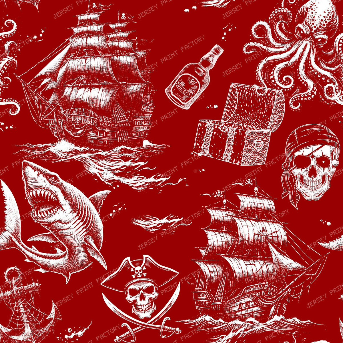 Pirate Legend Dark Coastal Monochromatic Toile Pattern - Red