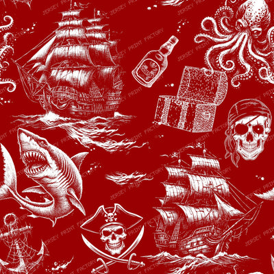 Pirate Legend Dark Coastal Monochromatic Toile Pattern - Red