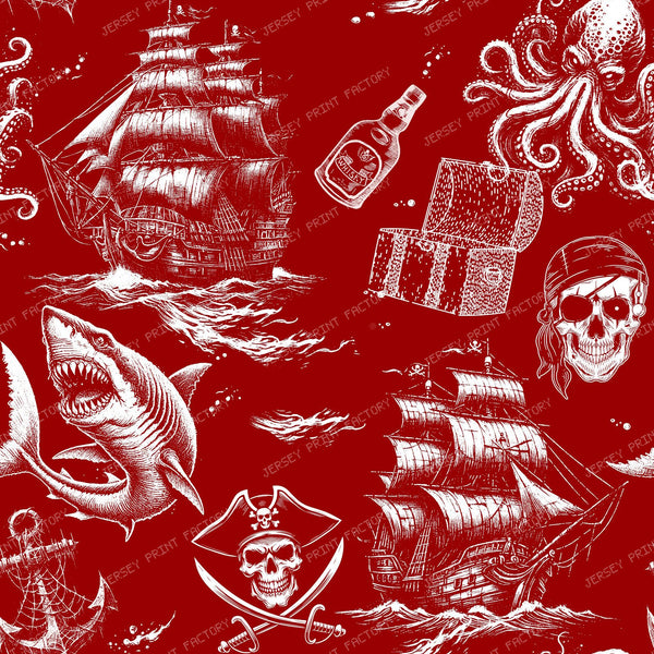Pirate Legend Dark Coastal Monochromatic Toile Pattern - Red