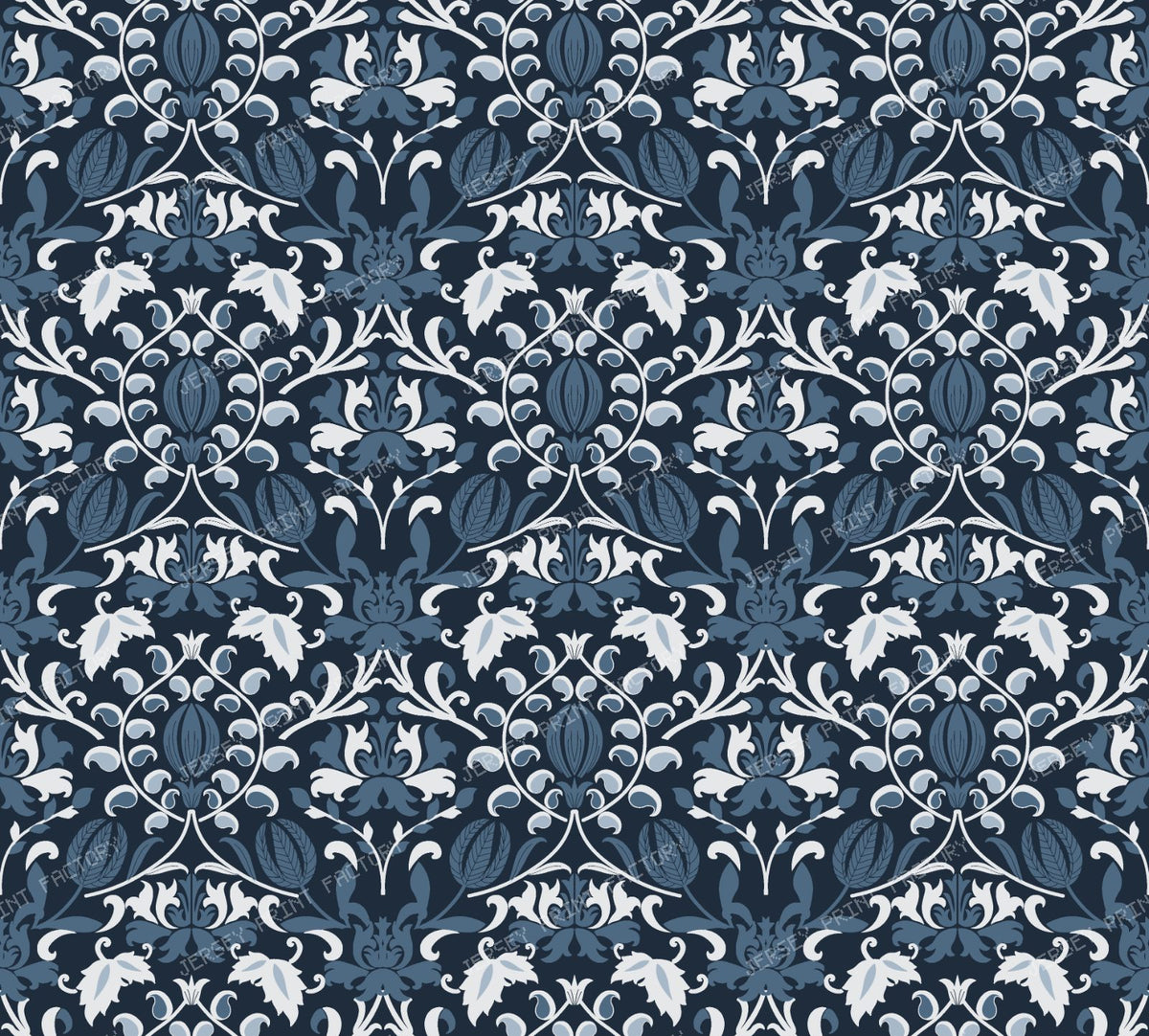Deep Denim Blue and Cream Antique Damask Pattern