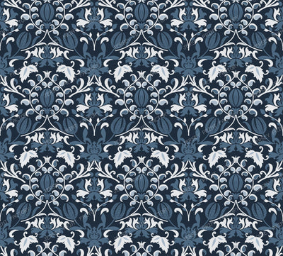 Deep Denim Blue and Cream Antique Damask Pattern