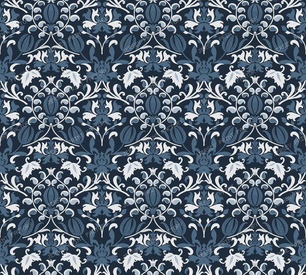 Deep Denim Blue and Cream Antique Damask Pattern