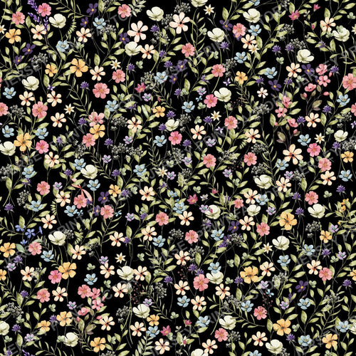 Tiny flowers garden - Watercolor flowers on black background - scale xxs