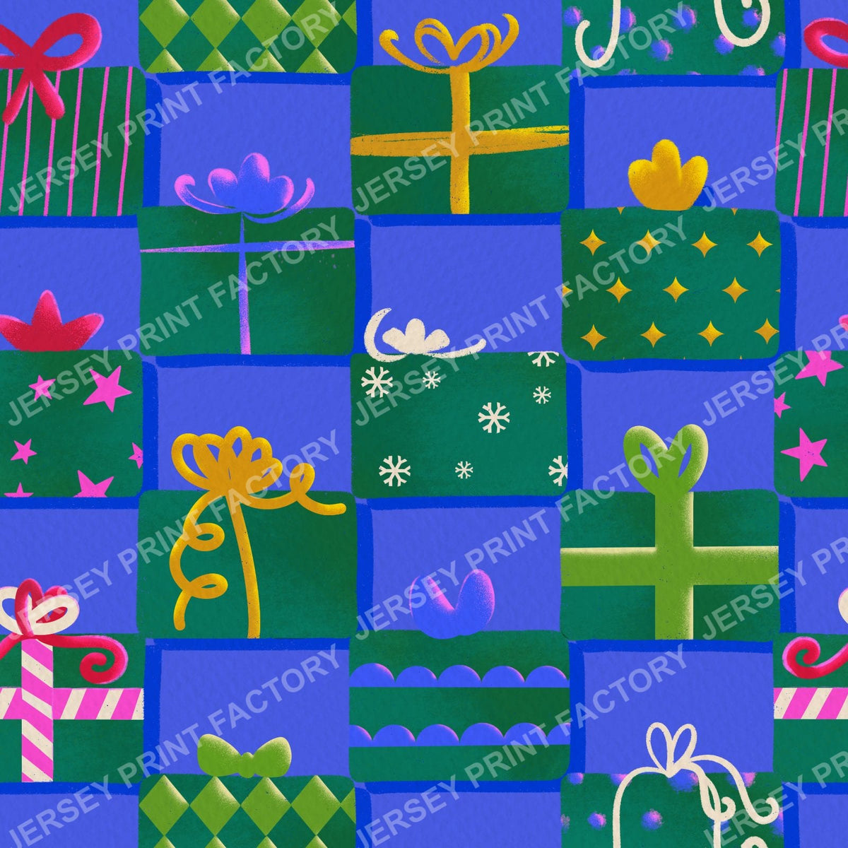 Christmas Gifts Checkerboard on Bright Blue