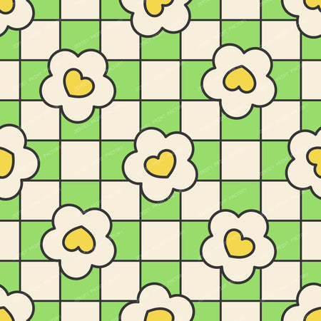Flowers with Hearts Checkered Retro Pattern Cream on Green