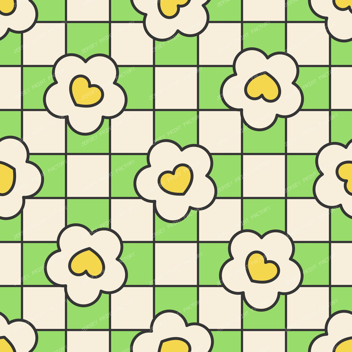 Flowers with Hearts Checkered Retro Pattern Cream on Green