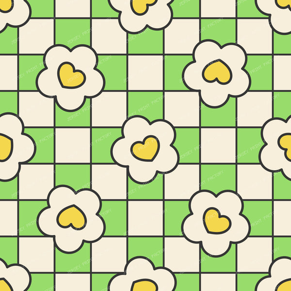 Flowers with Hearts Checkered Retro Pattern Cream on Green