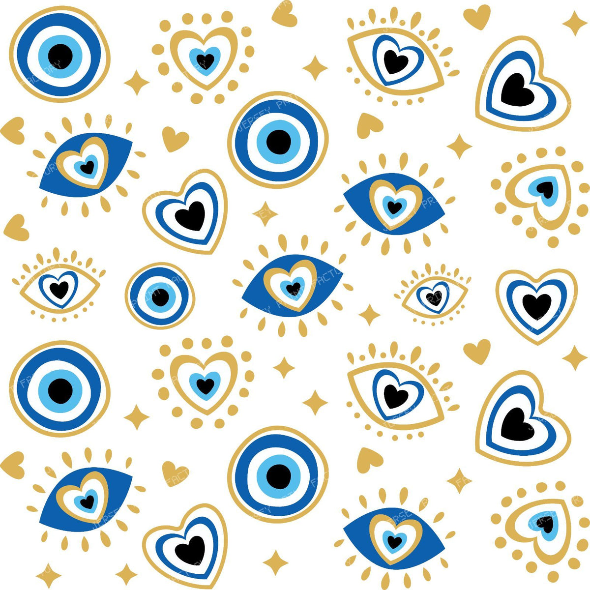 Evil Eye Pattern, Turkish Eye, Mati, Nazar, Hearts, Blue, Gold — White 3