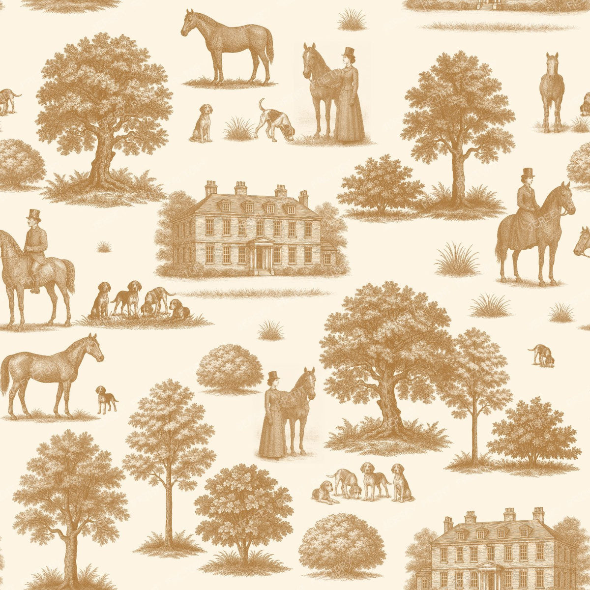 Vintage Blue and White Toile de Jouy with English Country Houses and Horses - Blue — Sand
