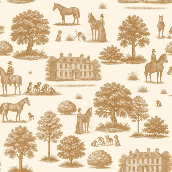 Vintage Blue and White Toile de Jouy with English Country Houses and Horses - Blue — Sand