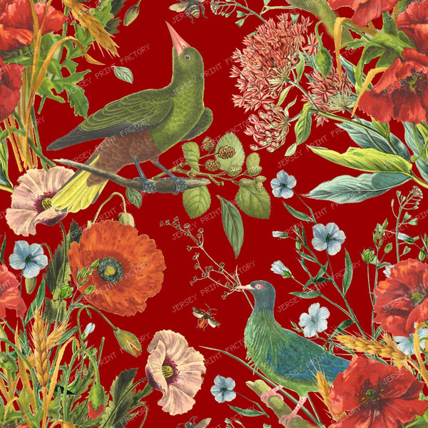 Poppy Flowers and Exotic Birds Maximalist Vintage Botanical Pattern on Blood Red