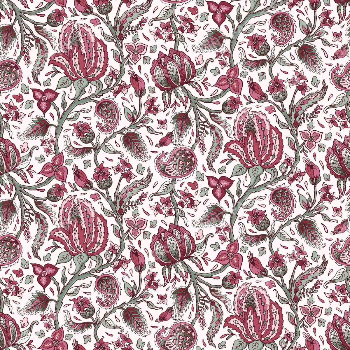 Indian Trailing Floral - Green and Pink