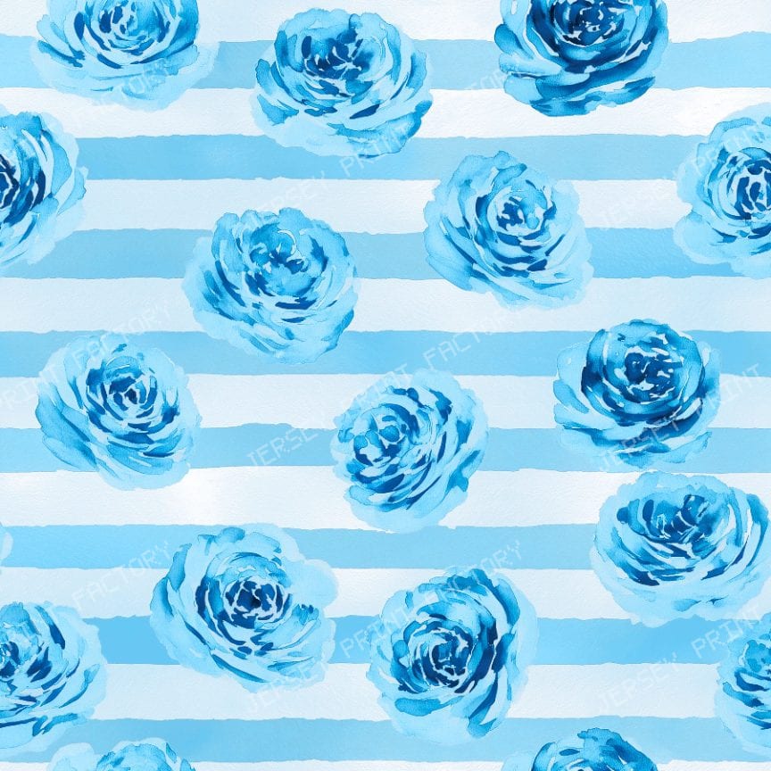 Watercolor Rose on Horizontal Stripe Blue