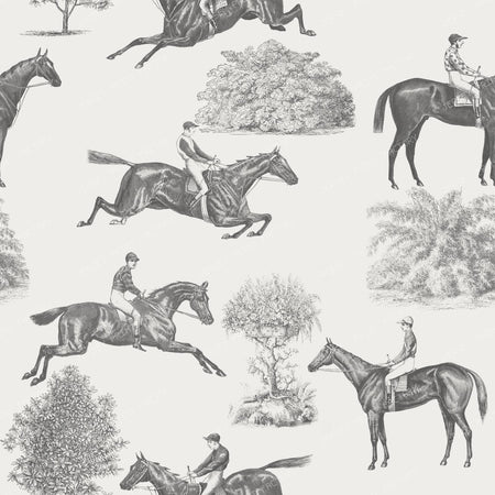 Horse Racing Gray Monochrome Cottagecore Toile Pattern