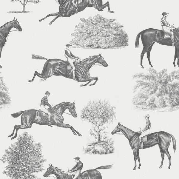 Horse Racing Gray Monochrome Cottagecore Toile Pattern