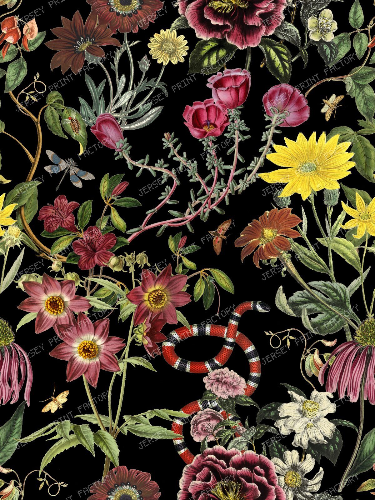 Burgundy Flowers Garden at Midnight Vintage Chic Dark Floral Botanical Pattern - Black