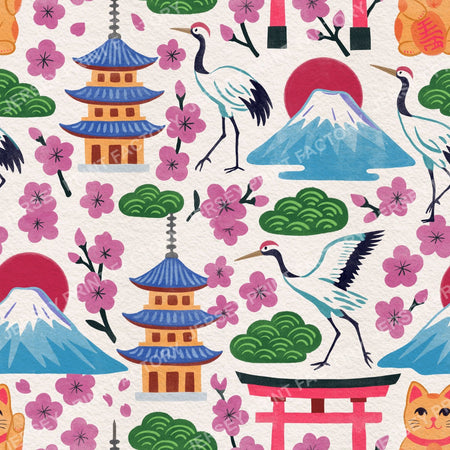 Bright Springtime Japan, Maximalist Hand Drawn on Off White