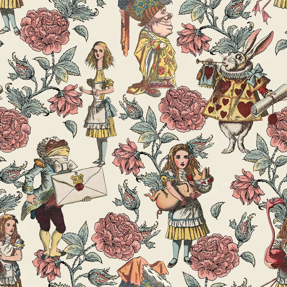 Alice's Wonderland in the Rose Garden Fantasy Fairytale Characters in a Floral Pattern - Ecru
