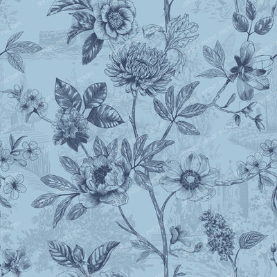Country Roses Floral Vines Pen and Ink French Provincial - Denim Blue
