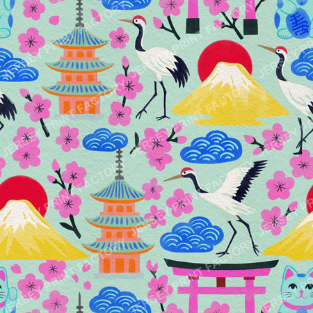 Vibrant Colours Springtime Japan, Maximalist Hand Drawn on Sage Green