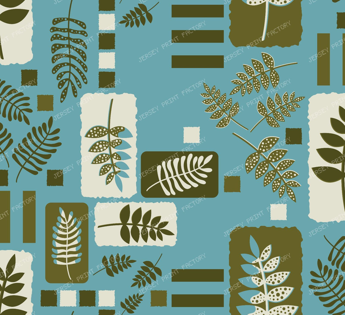 Leafs and blocks Island print - olive green and sky blue