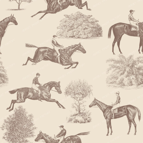 Horse Racing Beige-Brown Monochrome Cottagecore Toile Pattern