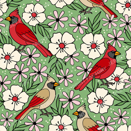 Cardinal Birds And Ivory Flower Blossoms On Green