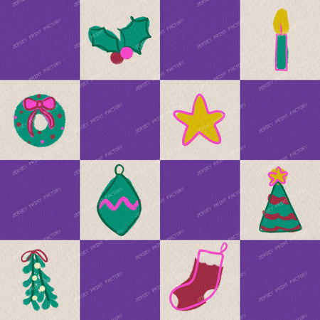 Christmas Checkerboard with Festive Doodles in Purple — Bright Purple