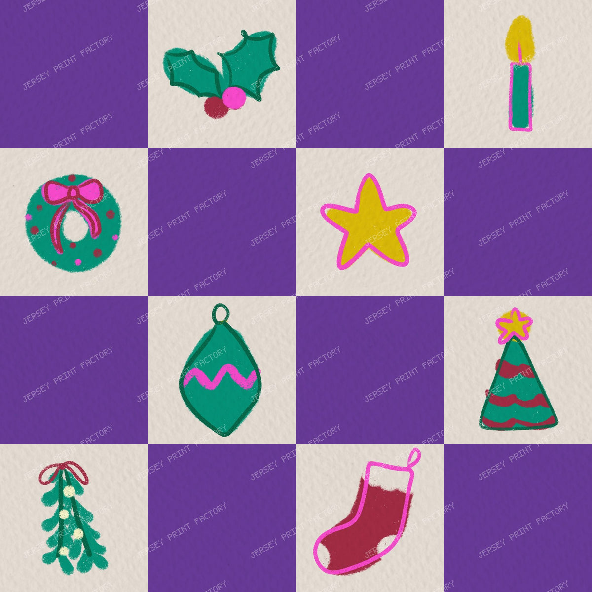 Christmas Checkerboard with Festive Doodles in Purple — Bright Purple