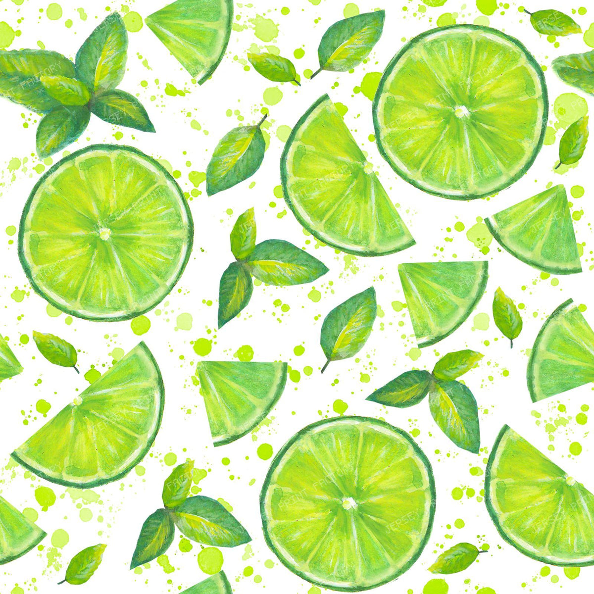 Watercolor mojito ingredients seamless pattern with lime and mint