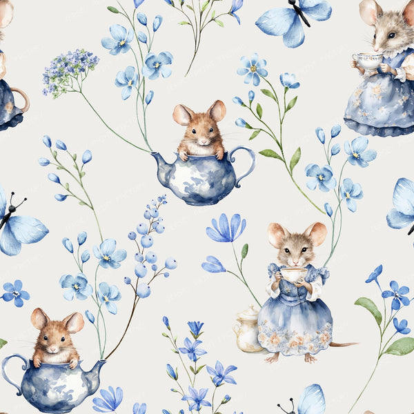Cute Mice and Blue Flowers Cottagecore Toile Pattern for Children - Off-white Background