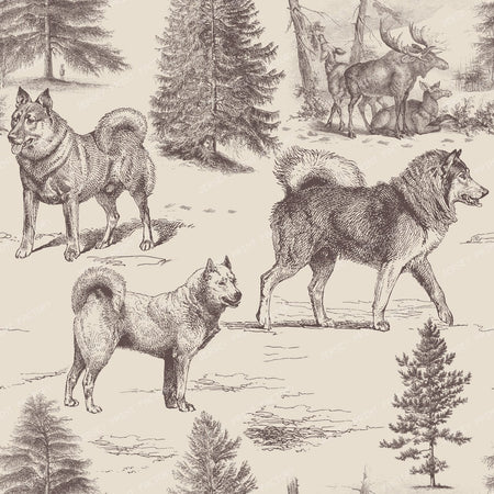 Alaskan Malamute and Northern Dogs in the Winter Landscape Earth Tones Monochromatic Toile Pattern