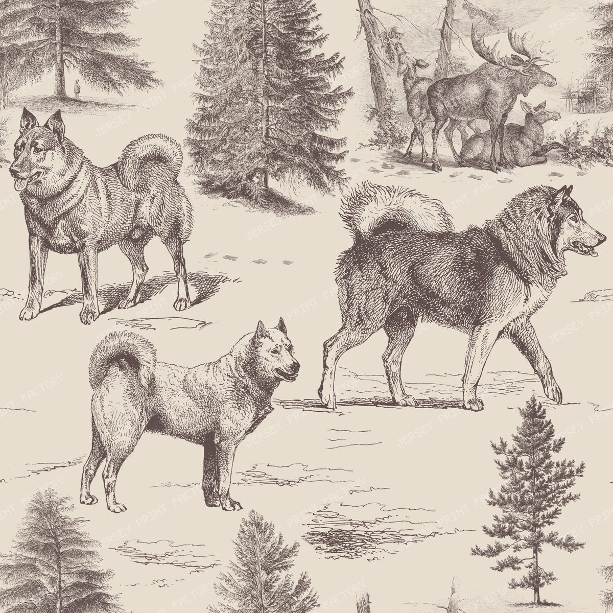 Alaskan Malamute and Northern Dogs in the Winter Landscape Earth Tones Monochromatic Toile Pattern