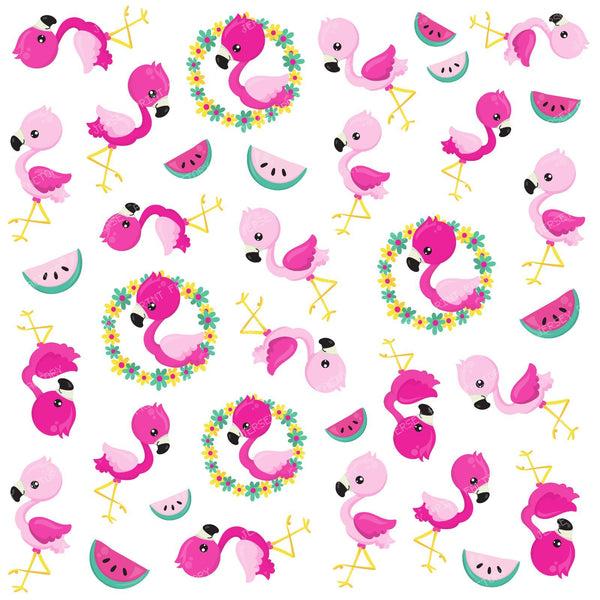 Tropical Pattern, Flamingos, Watermelons, Flowers