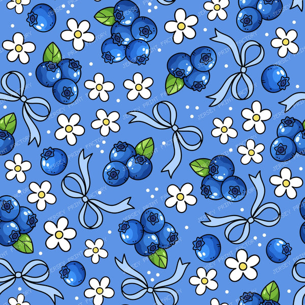 Blueberries Daisies And Bows Fruity Coquette Floral In Blue