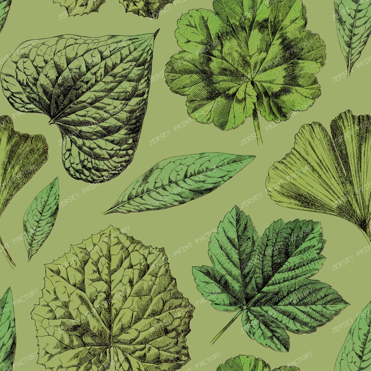 Green Leaves Botanical Pattern on Olive Green