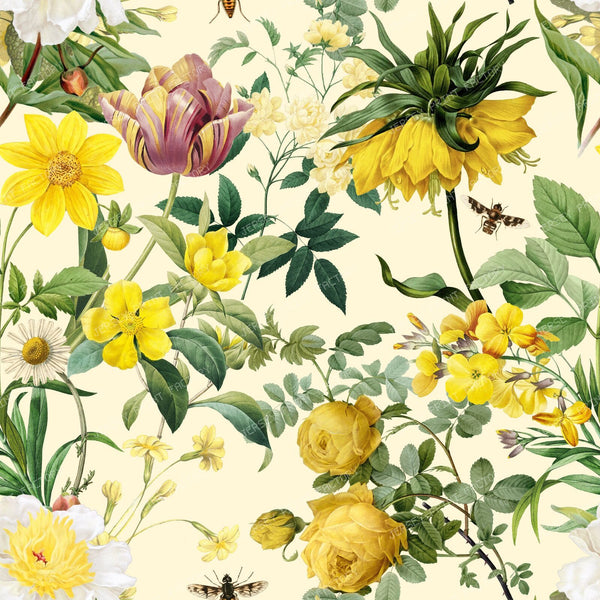 Yellow Flowers Garden Lush Boho Chic Floral Botanical Pattern - Ecru