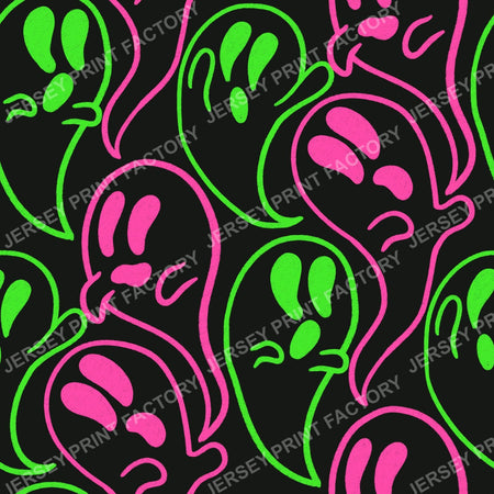 Green and Pink Neon Sketchy Doodle Ghosts on Black