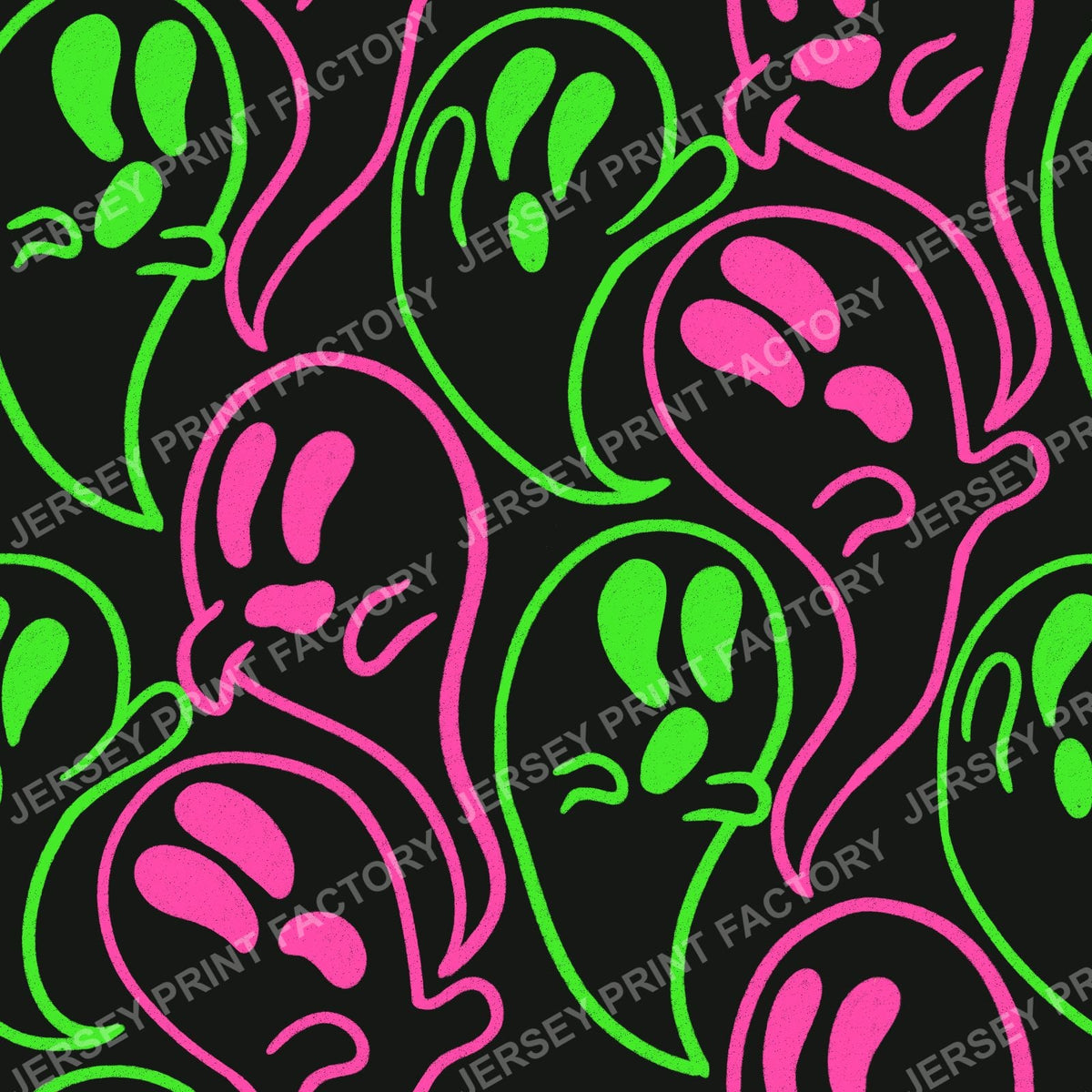 Green and Pink Neon Sketchy Doodle Ghosts on Black